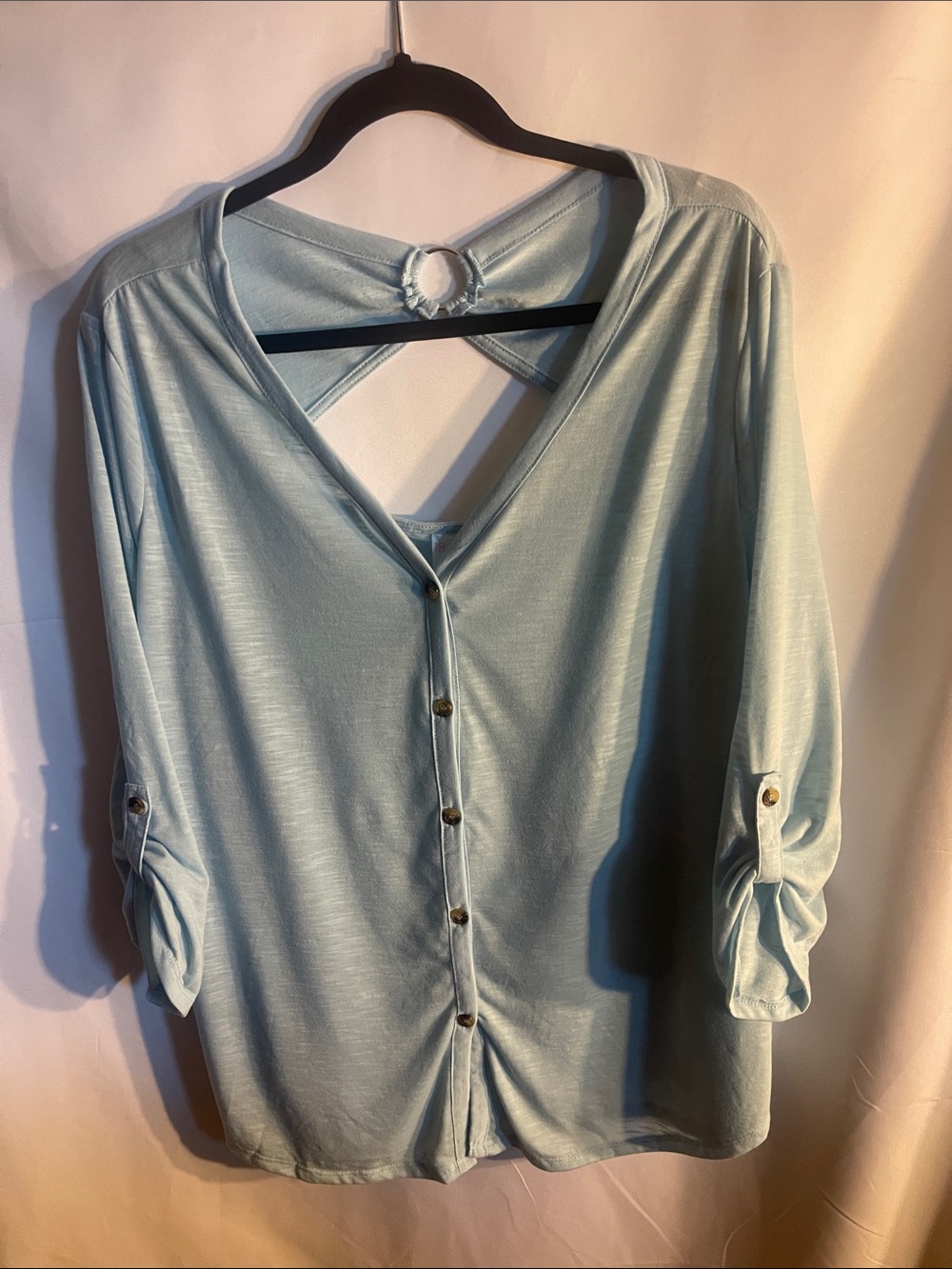 No Boundaries Light Blue Button-Back V-Neck Top